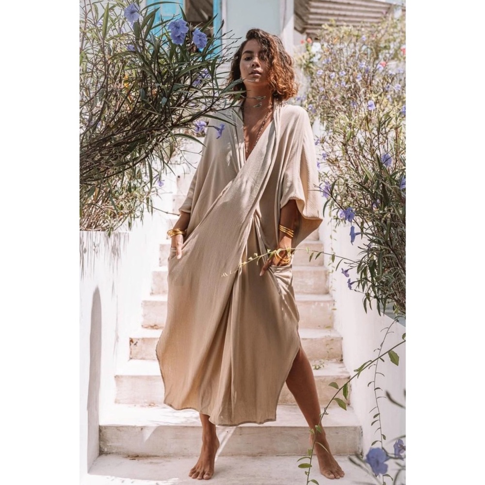 Beige Maxi Wrap Dress with Pockets - Women